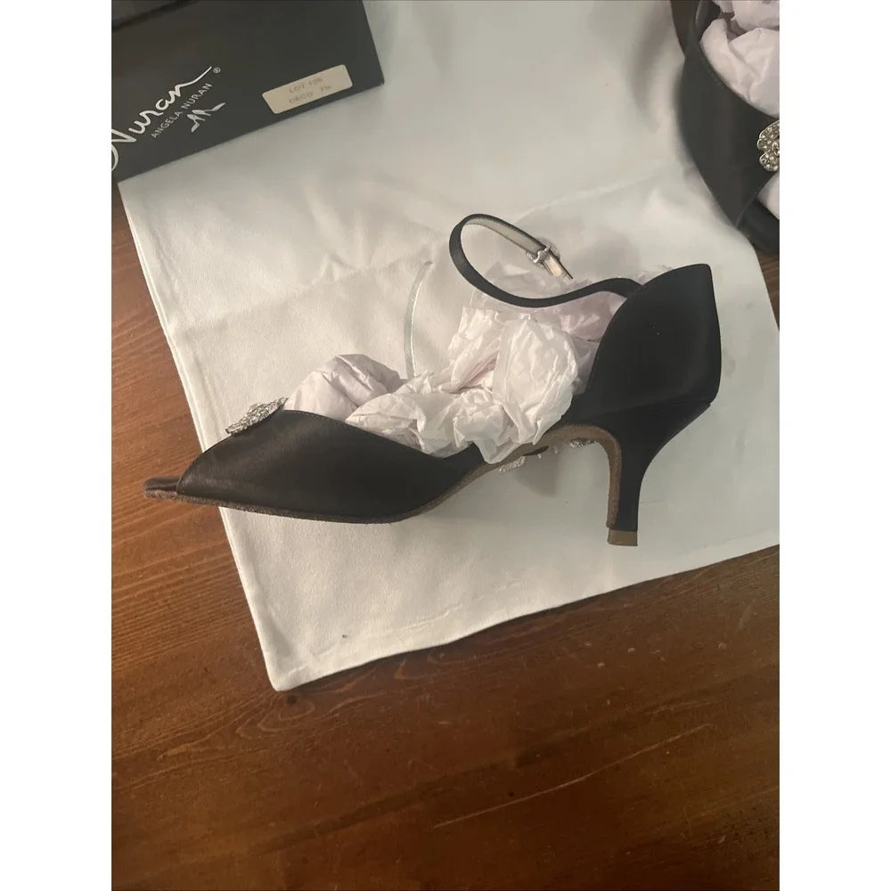 Angela Nuran Vintage Open Toe Adjustable Strap Satin Black Heels‎ 7.5